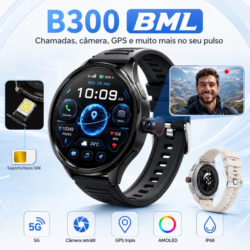 2026 Novo Smartwatch B300 CALL AI 5G 1.73''HD AMOLED 4GB RAM 64GB com Chip GPS Whatsapp WIFi com câmera Giratória