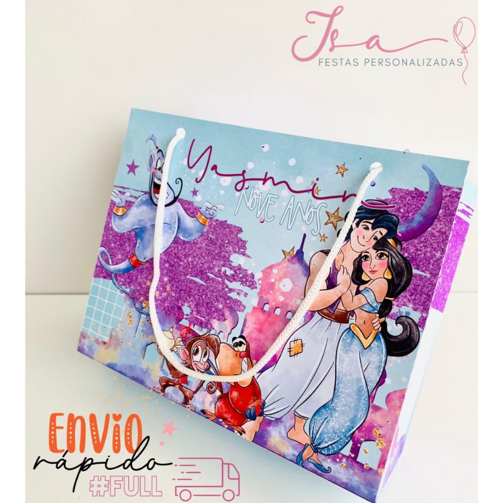 Sacolinhas Aladin e Jasmine Personalizadas Kit Festa Infantil Pegue e Monte
