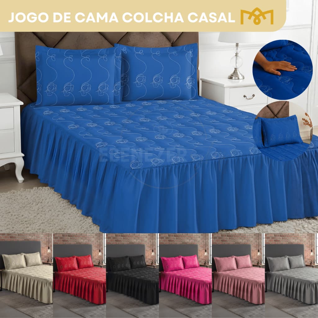 Colcha Cobre Leito Casal 3 Peças Microfibra Premium Bordado Luxo C/ Toque Macio E Confortável
