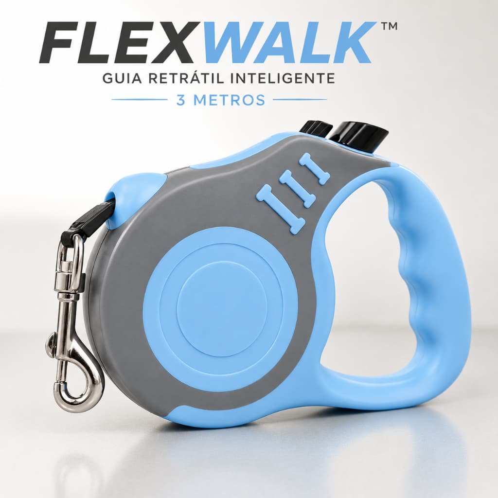 Guia Retrátil FlexWalk 3M para Cachorro e Gato até 10kg Coleira Retrátil com Trava Inteligente