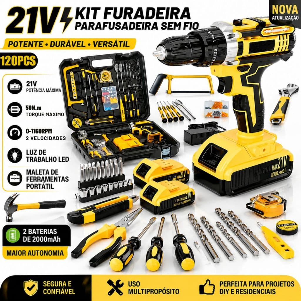 Kit Completo Furadeira Parafusadeira Profissional Com Maleta De Ferramentas 120 Peças Multiuso