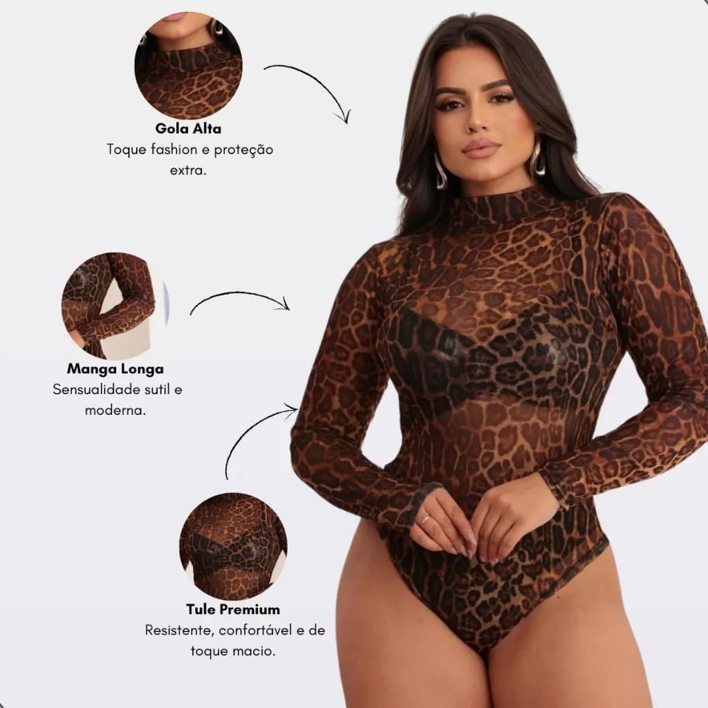 Body Feminino em Tule Estampado – Animal Print e Tie Dye com Gola Alta Manga longa