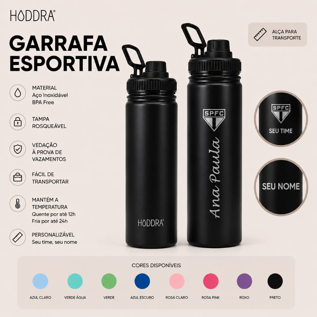 Garrafa Térmica Nome e Time Personalizado 800ml/1Litro Inox Squeeze Esportiva Academia Hiddra