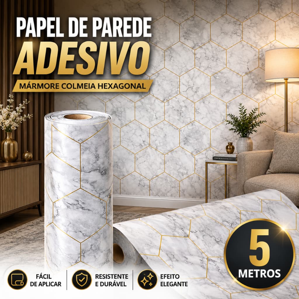 Papel Adesivo Parede 5 Metros Hexágono Colmeia Branco Linhas Douradas Lavável Sala Antimofo Quarto