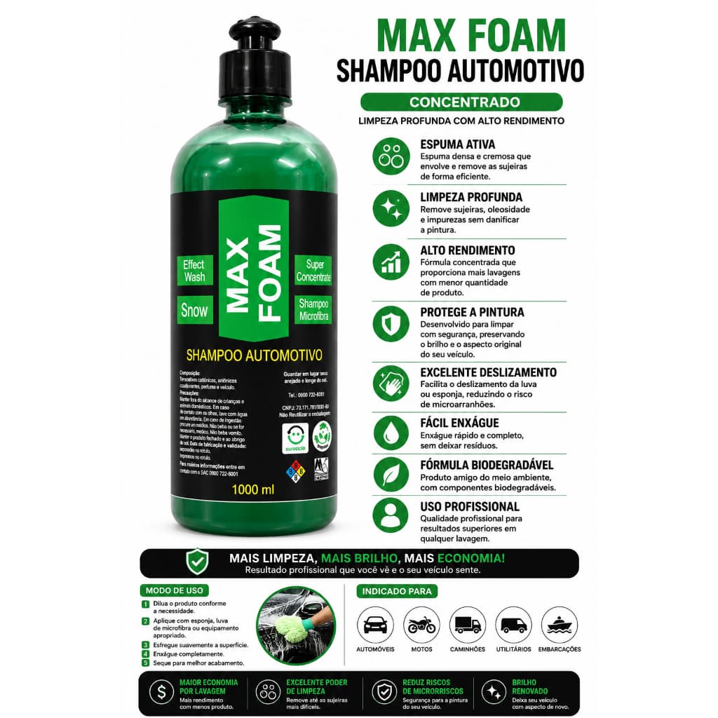 Shampoo Automotivo Max Foam 1L Concentrado Espuma Ativa Limpeza Profunda