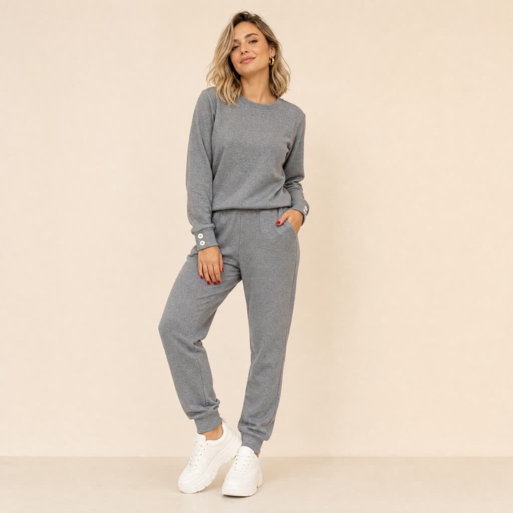 Conjunto Feminino Cinza Em Lãzinha Peluciado Inverno Quentinho Calça Jogger Bolsos e Blusa Manga Longa