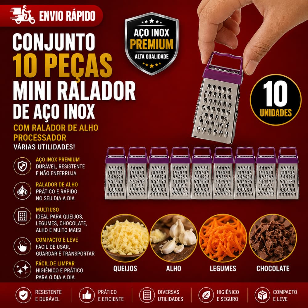 Conjunto 10 Peças Mini Ralador De Aço Inox Com Ralador De Alho Processador Varias Utilidades
