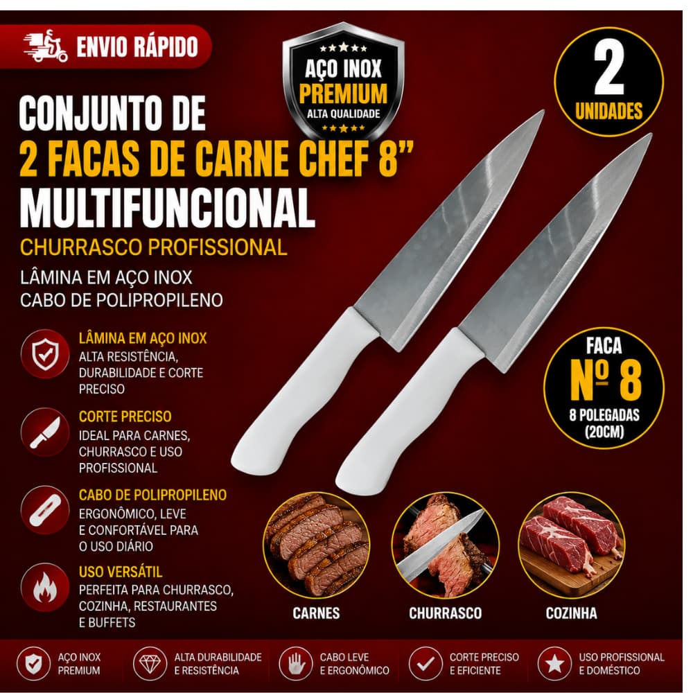 Conj 2Facas de Carne Chef 8"Multifuncional Churrasco Profissional Lâmina Aço Inox Cabo Polipropileno