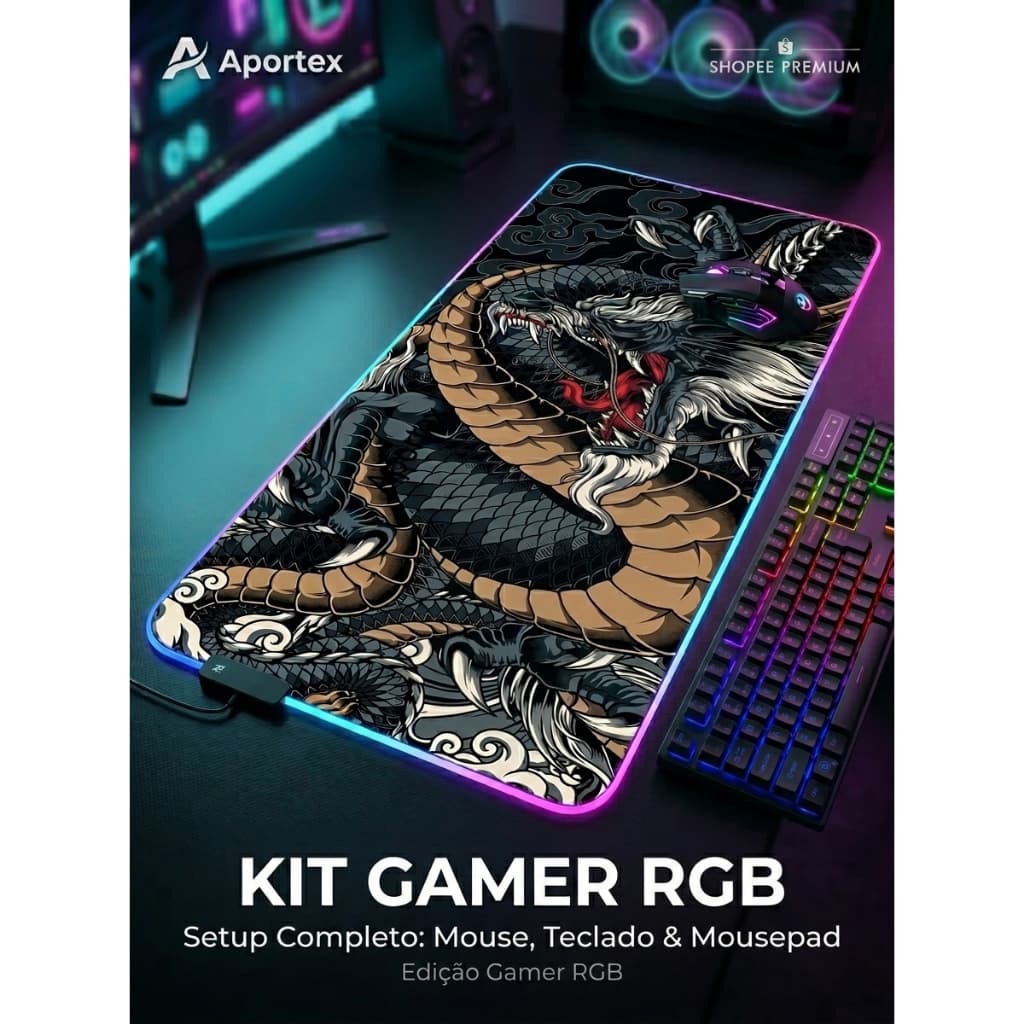 Kit Gamer RGB Completo Teclado Mouse Mousepad Grande LED Gamer PC Setup Aportex
