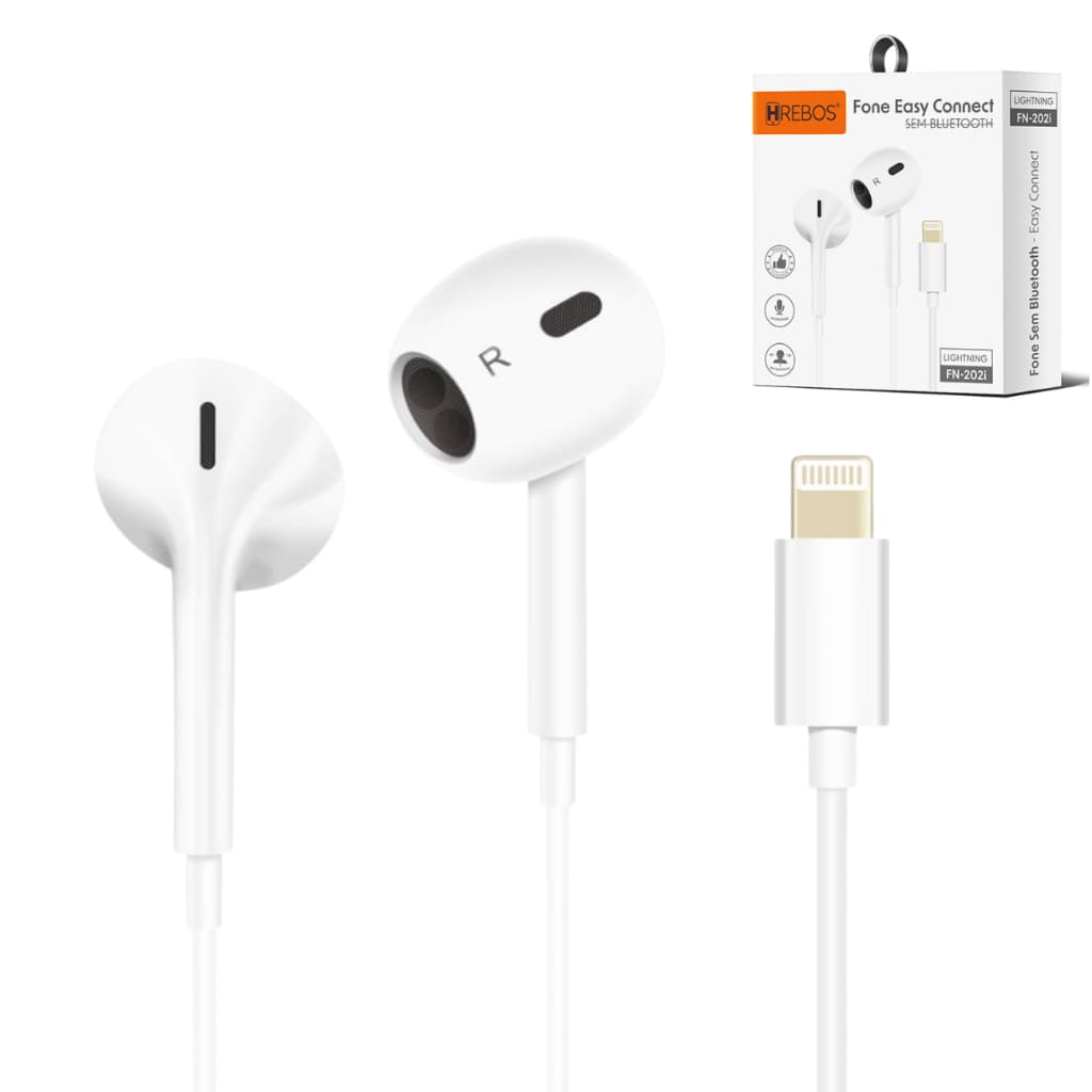 Fone de Ouvido Lightning Hrebos FN-202i Com Fio Microfone Controle iOS Compatível iPhone iPad Alta Qualidade Branco