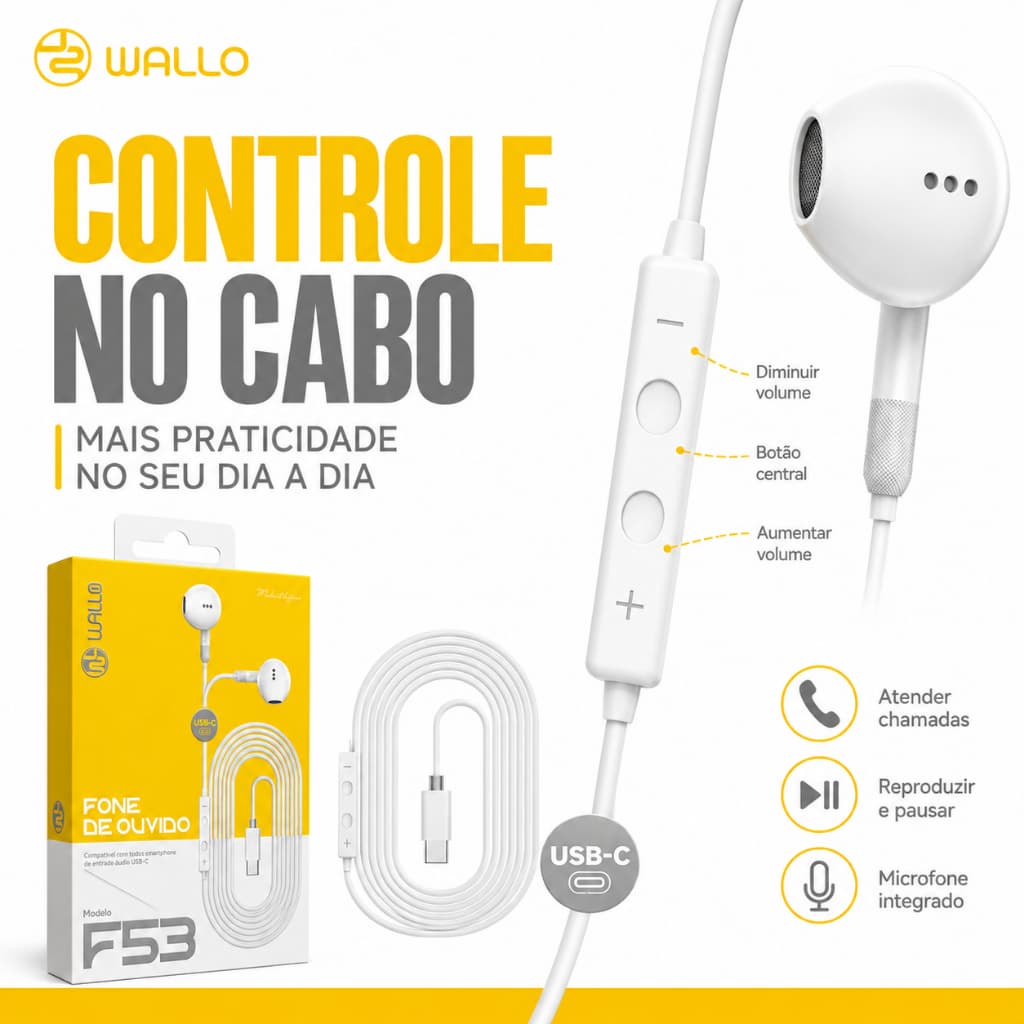 F53 com Microfone - Áudio Hi-Fi e Cancelamento de Ruído Fone de Ouvido. USB-C com Microfone e Controle de Volume. Fones