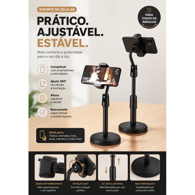 Suporte de Celular Ajustável de Mesa Retrátil 360° Universal para Vídeos, Lives e Estudos
