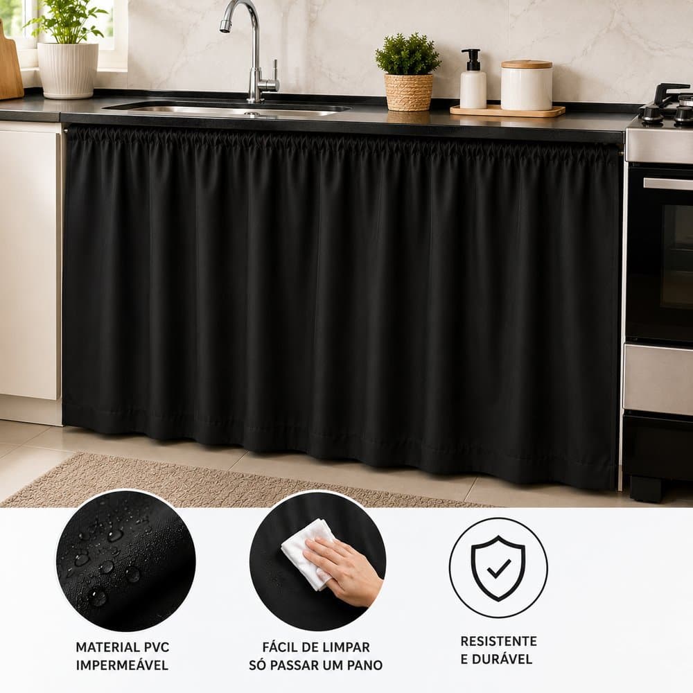 Cortina Para Pia Cozinha PVC Preta 1,38m Organizador Armário