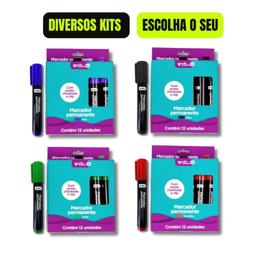 KIT 12 Marcadores Permanetes Pincel Atômico - Canetão Ponta Chanfrada