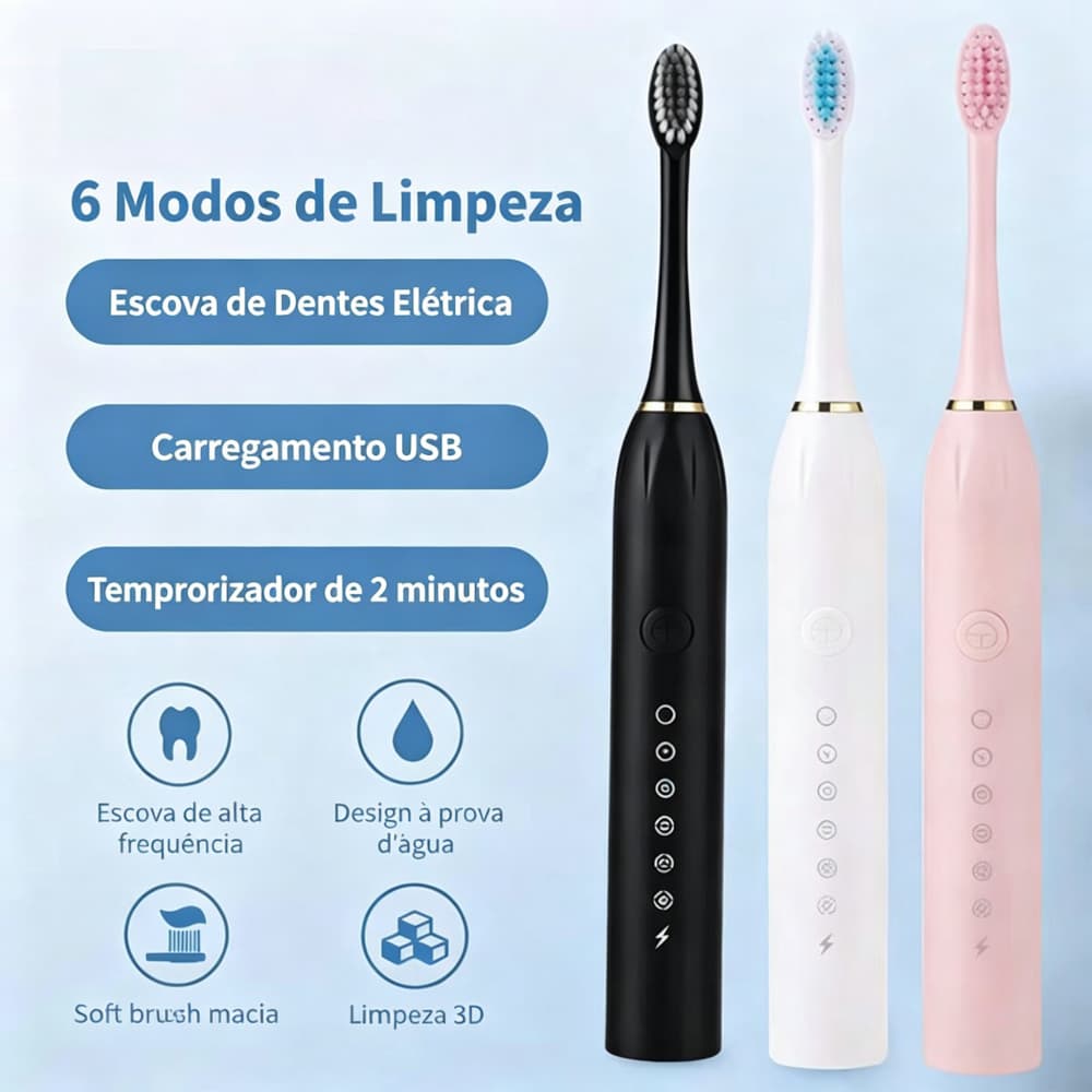 Escova De Dentes Elétrica Sônica Recarregável USB 6 Modos À Prova D'água
