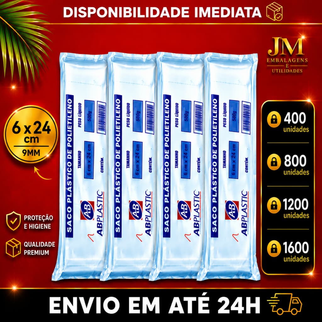 Saquinho Transparente 9mm 6x24 (Grosso) - Embalagem para Geladinho/Geladão - Escolha a Quantidade | ABPlastic