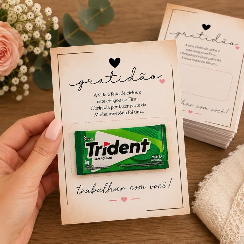 kit 24 Cartão Gratidão para Trident | Lembrancinha de Despedida de Trabalho | Mimo para Colegas ( não vai o chiclete)