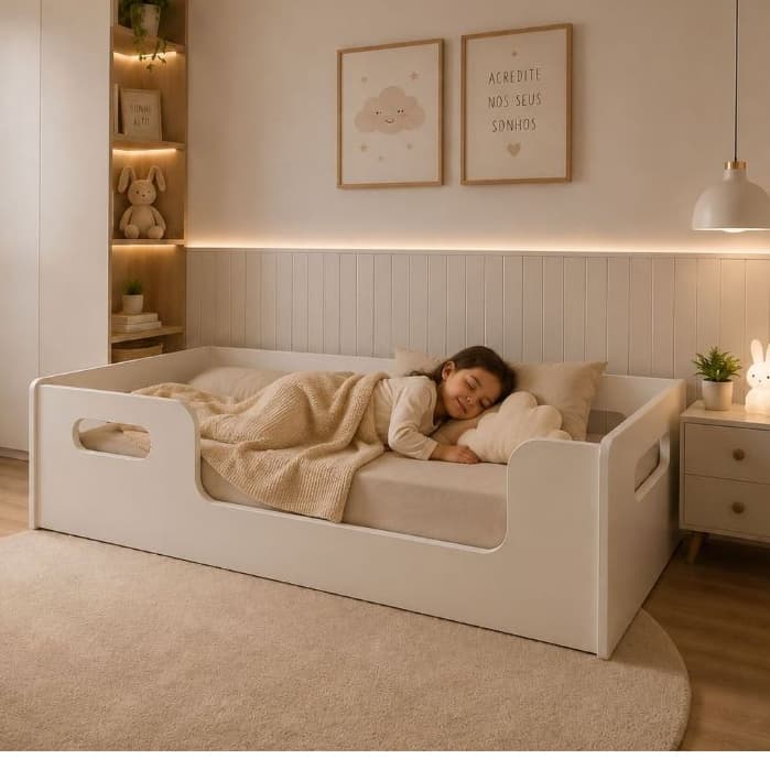 Cama Montessoriana Infantil Encanto Branca com Colchão Incluso e Grades de Proteção