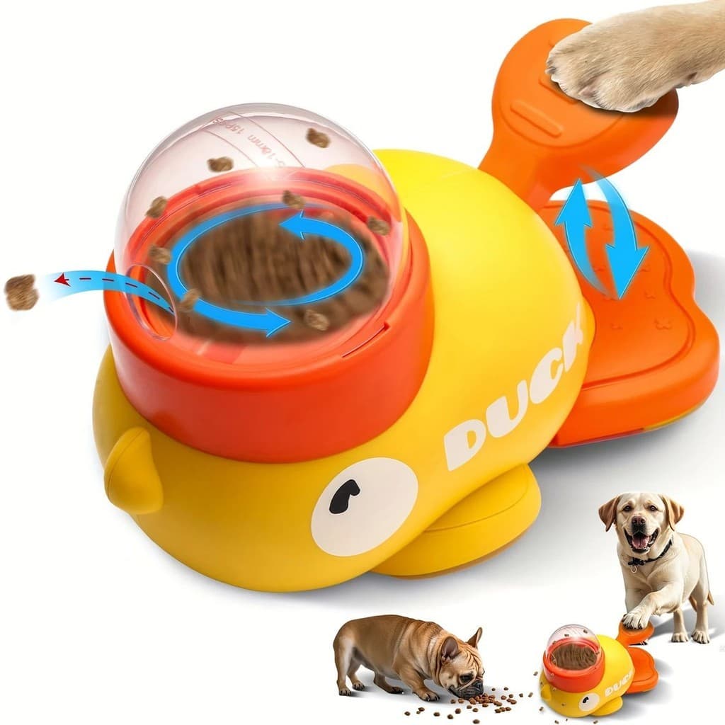 Conjunto Brinquedo Interativo Pet Pato Dispensador De Racao E Tigela Comedouro Lenta