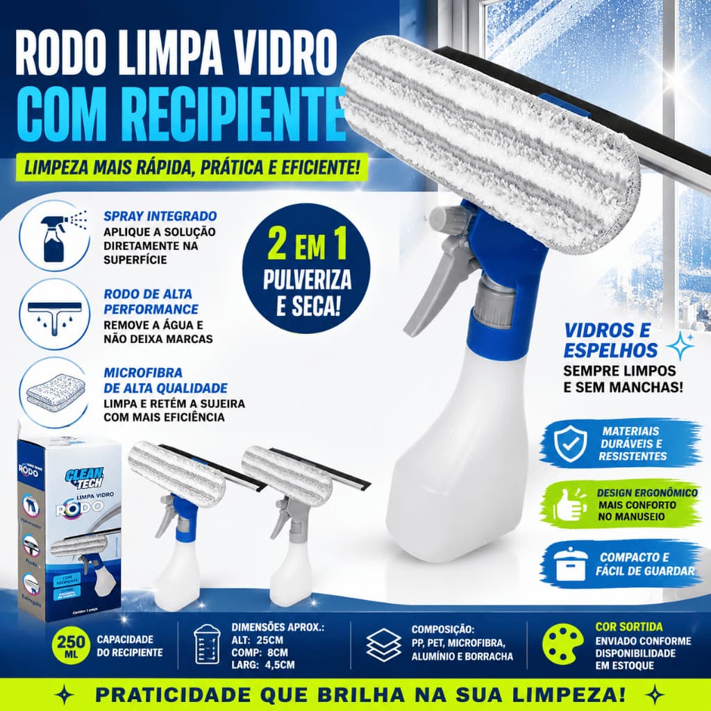 Mop Limpa Vidro Profissional Rodo Com Spray Recipiente Casa