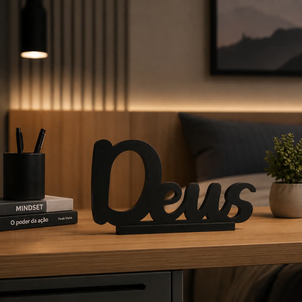 Palavra Decorativa DEUS 290x130mm Preto MDF Placa Parede Decoração Sala Quarto