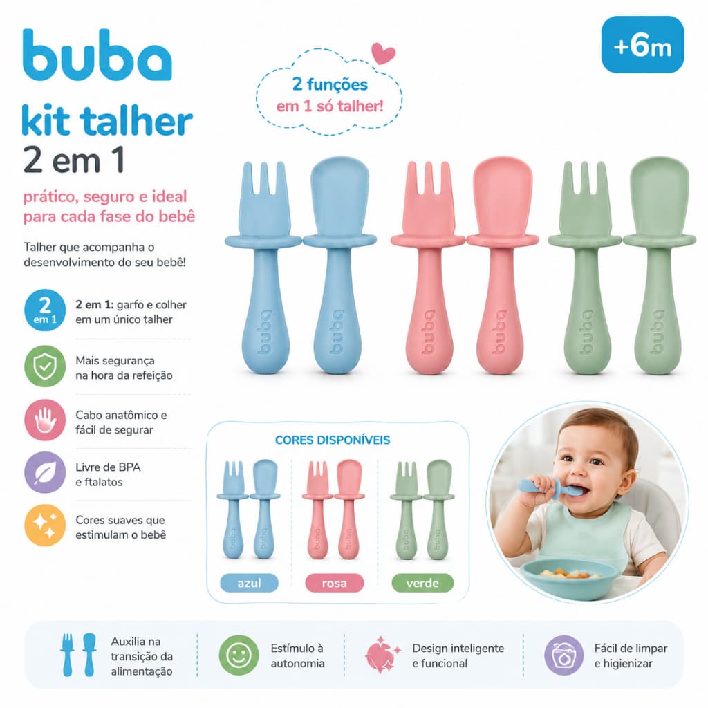 Kit Talher de Silicone para Bebê Buba – Garfo e Colher para Introdução Alimentar