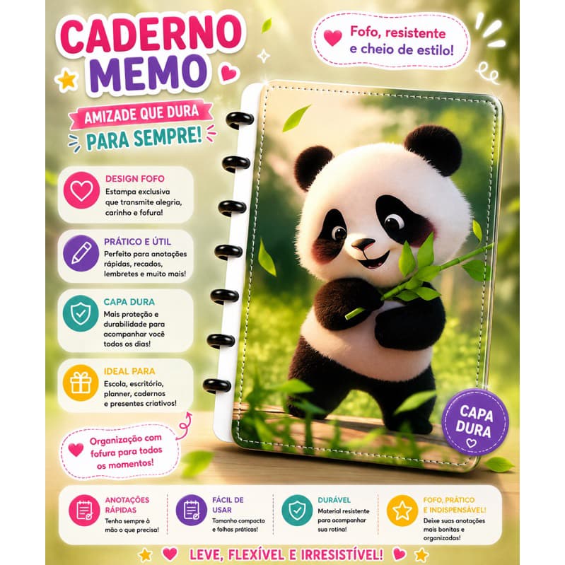 Caderno de Disco A5 Capa Dura Panda Fofo 8 Discos para Anotações e Planner