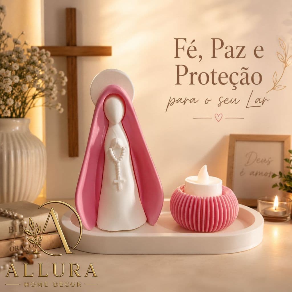 Nossa Senhora Kit Presente Oração Manto Rosa Chiclete com Bandeja e Vela Led Minimalista