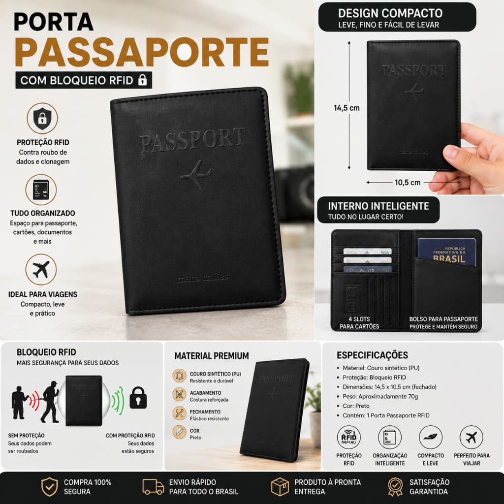 Porta Passaporte RFID Premium Bloqueio Anti Furto Carteira Viagem Porta Documentos Preto