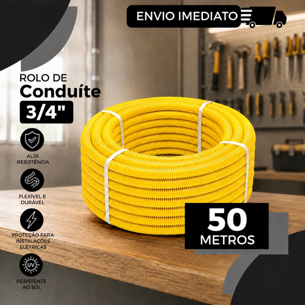 Conduíte Corrugado Amarelo Flexível 3/4 Polegada 50m Alta Resistência