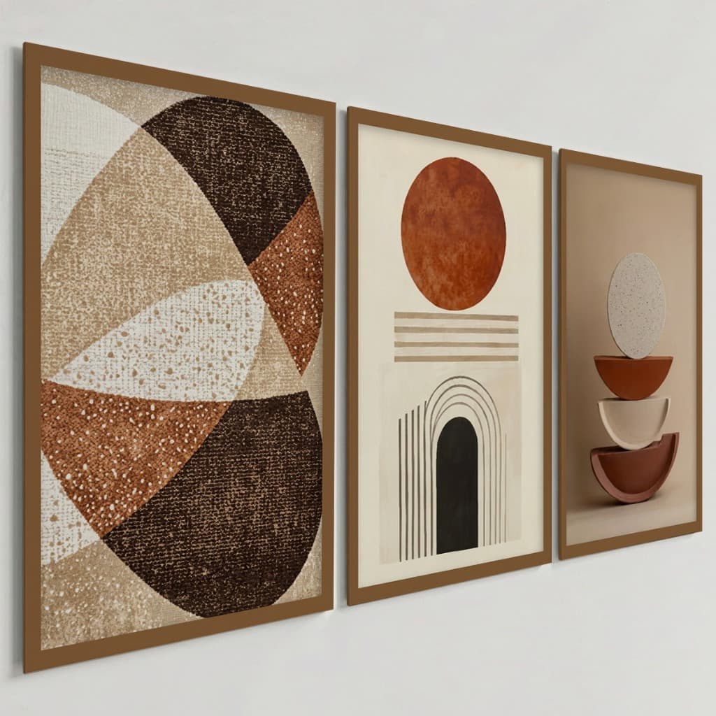 Kit 3 Quadros Decorativos Boho Abstrato Geométrico Terracota Bege Minimalista Sala Quarto Moderno