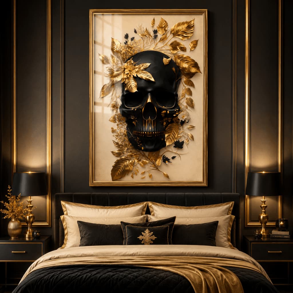 Quadro Caveira Dourada Luxo Arte Moderna Decorativa Premium