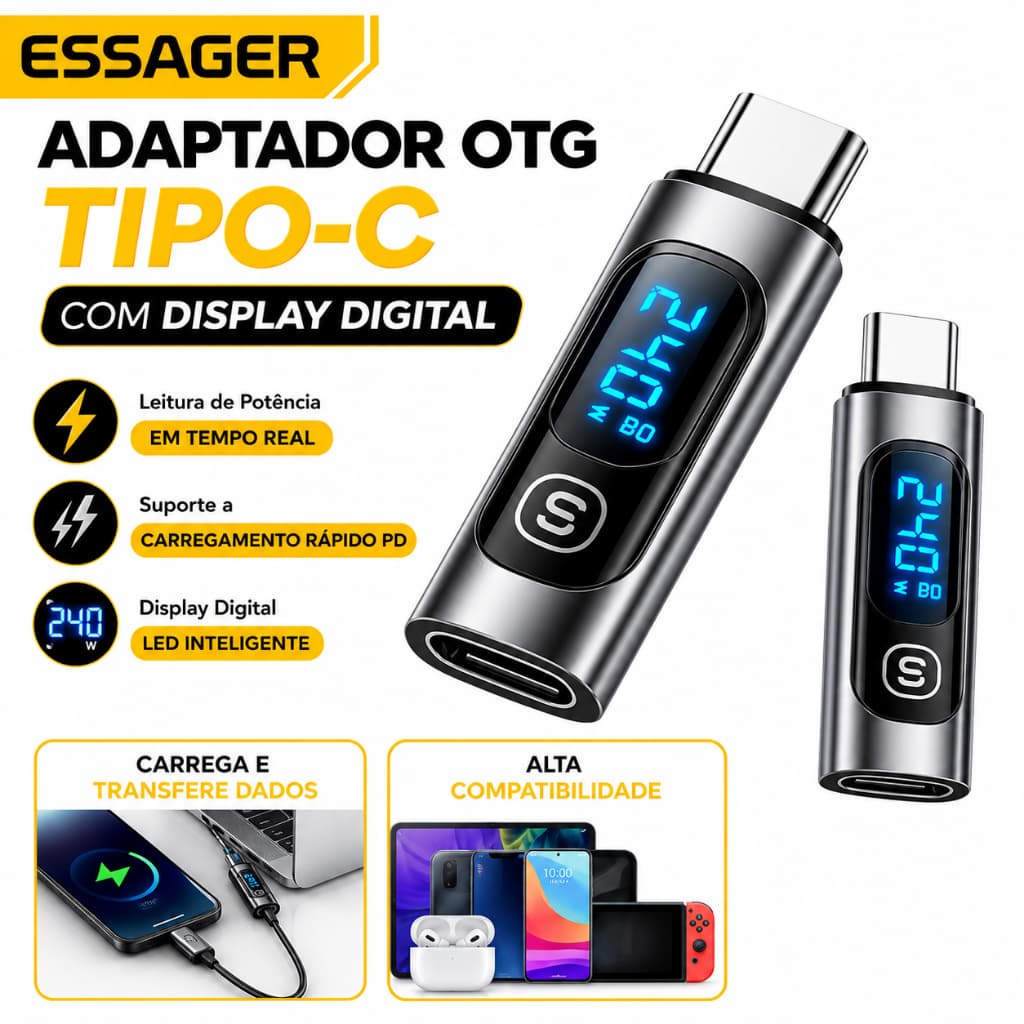 Adaptador OTG Tipo-C Essager com Display Digital Carregamento Rápido PD + Transferência de Dados