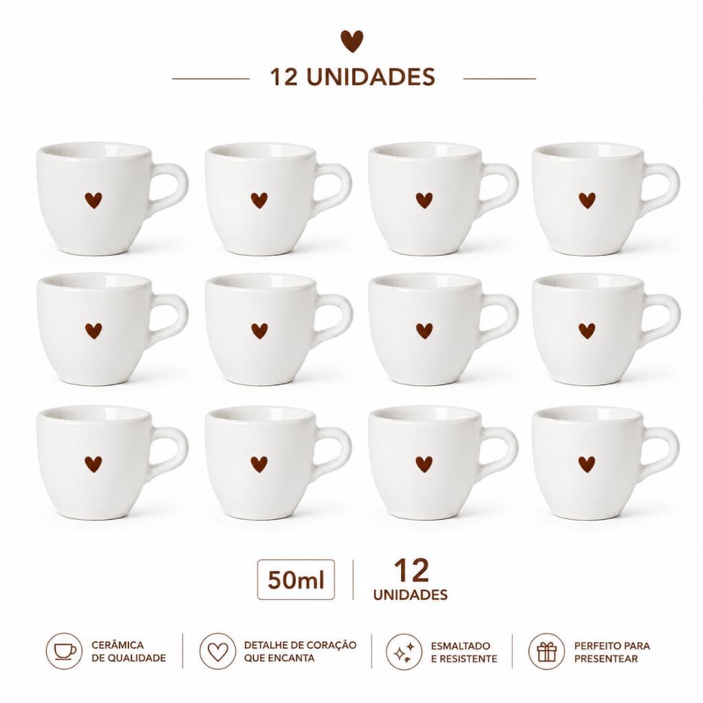Kit 12 Xícaras Café Porcelana Coração 50ml Pequena cafezinho