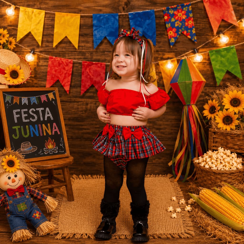 Conjunto Infantil Festa Junina | Menina Cropped Ciganinha Xadrez com Tiara