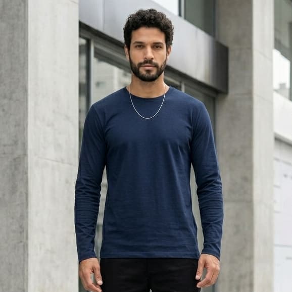 Camisa Manga Longa Masculina Algodão Gola Redonda Lisa Confortável Para Dia a Dia e Exercícios