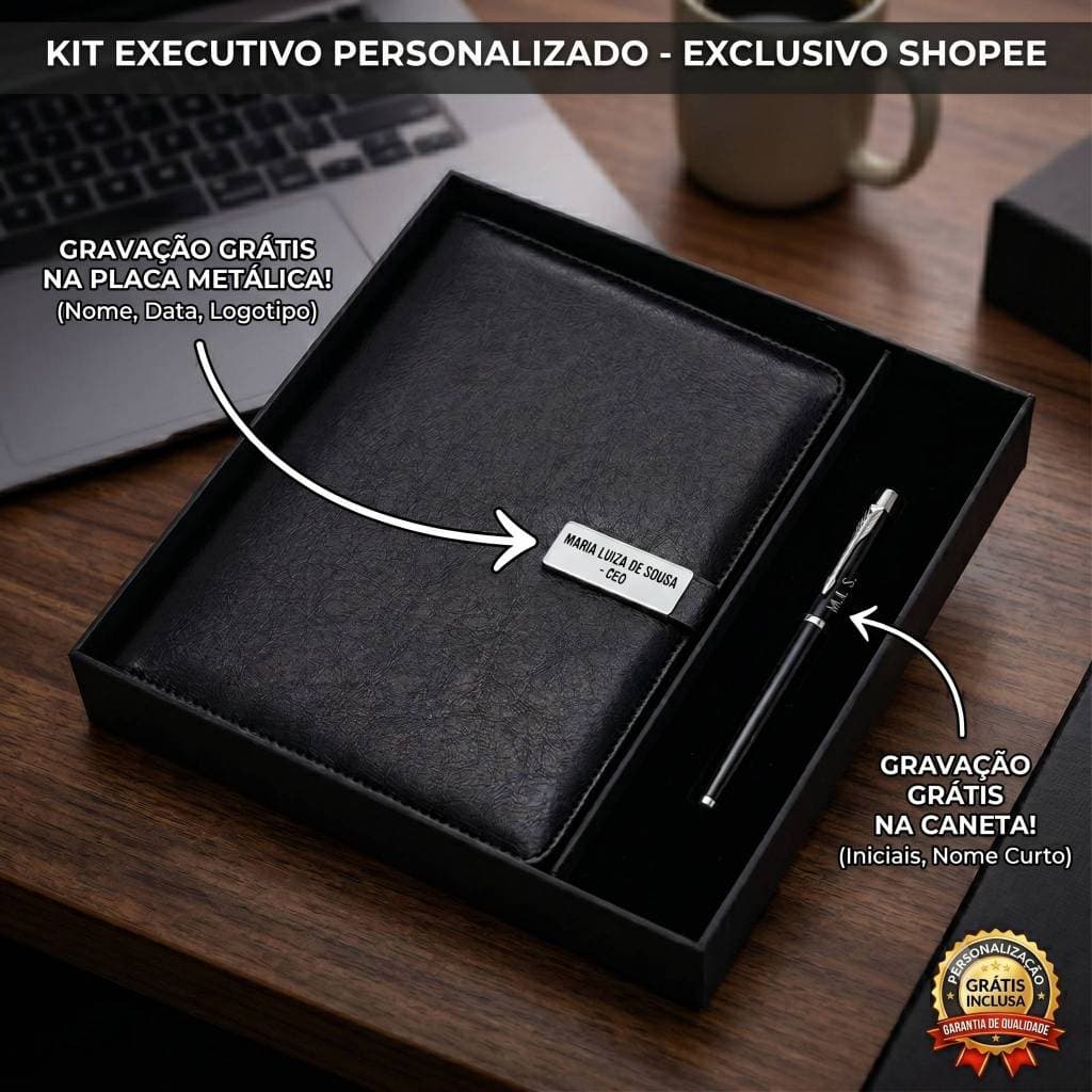 Kit Executivo Luxo 2 Peças (Caderno e Caneta) com Personalização a Laser Grátis