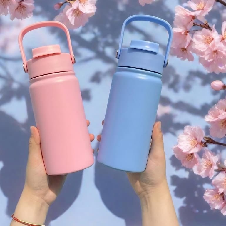Garrafa térmica de aço inoxidável com parede dupla de 600 ml, duas saídas para beber e canudo.