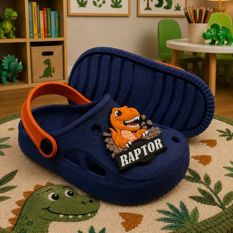 Babuche Injetado Sandália Infantil Menino Dinossauro Raptor Detalhe Lateral Solado Antiderrapante Confortável Papete