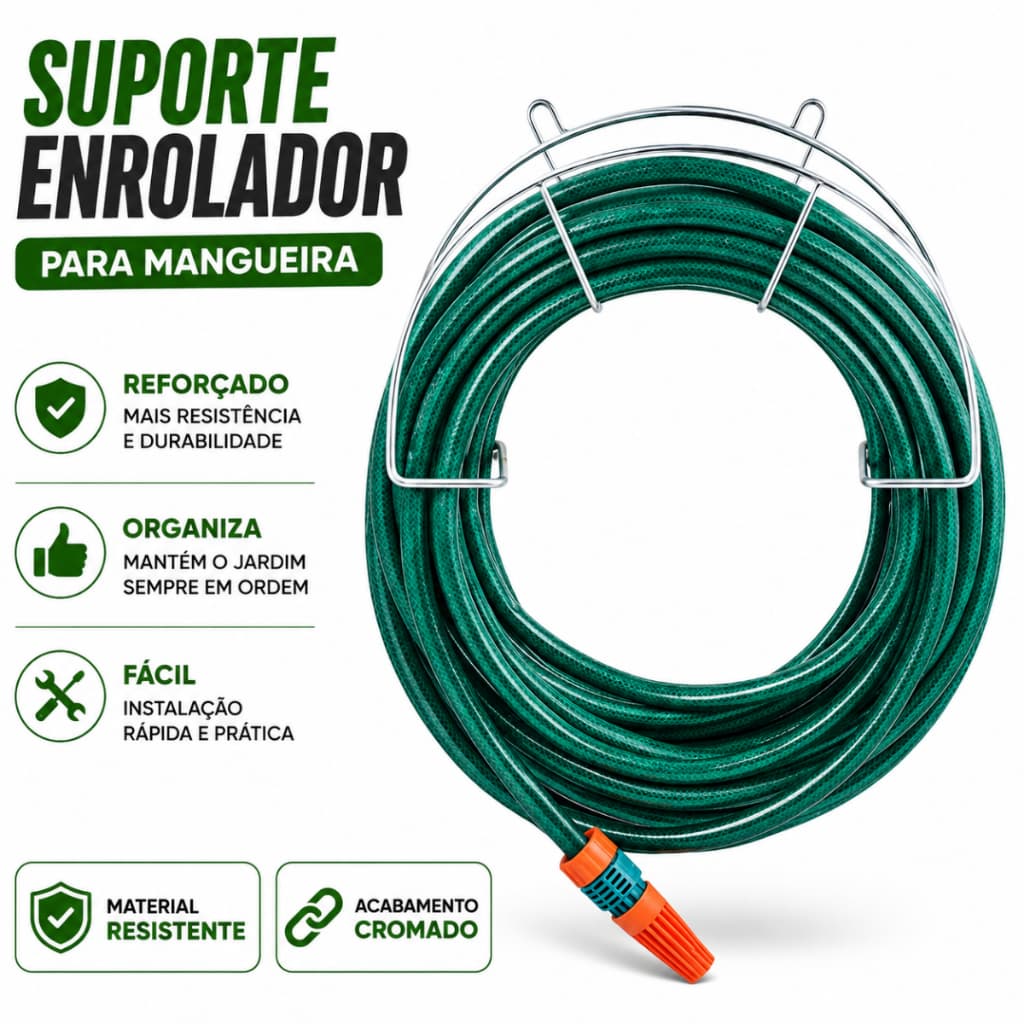 Suporte Enrolador Para Mangueira Reforçado Jardim Cromado Resistente Organizador Fácil Instalação