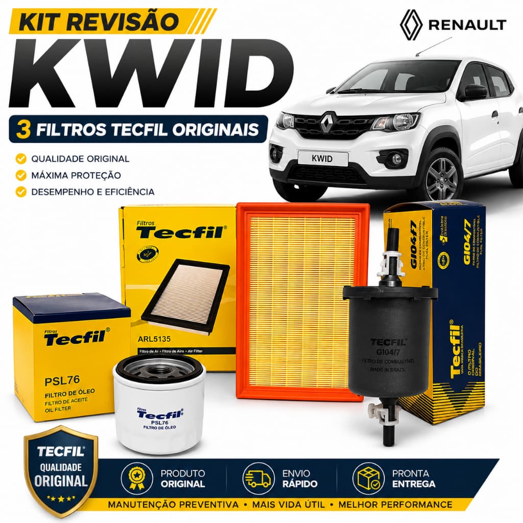 KIT REVISÃO FILTROS AR/COMBUSTÍVEL/ÓLEO RENAULT KWID 1.0 TECFIL ARL5135 GI04/7 PSL76 ORIGINAL