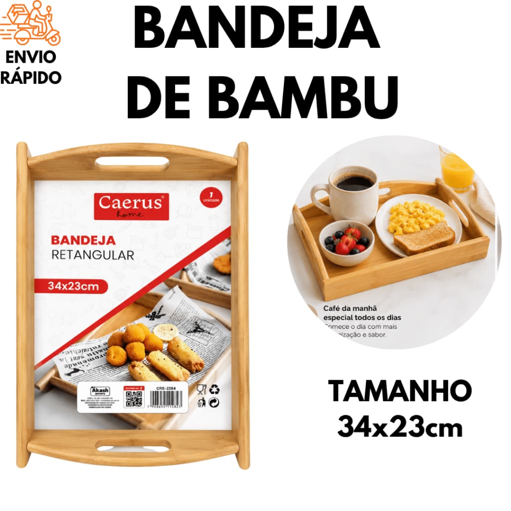 Bandeja De Bambu Retangular 34x23cm Café Da Manhã Servir E Decorar Petiscos Decorativa
