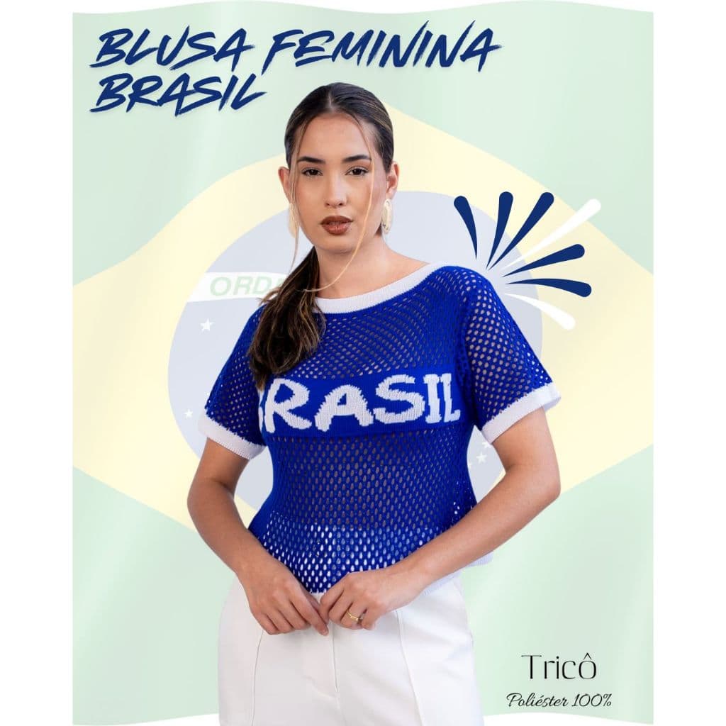 Blusa Feminina Brasil Tricot Vazado Manga Curta Gola Canoa Canelado Tricô Esportivo Casual