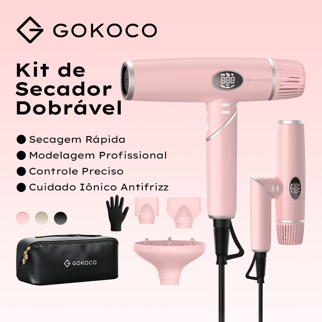 GOKOCO 3 em 1 Kit de Secador Dobravel Secagem Rapida Modelagem Profissional Cuidado Ionico Antifrizz Bivolt 110-220V
