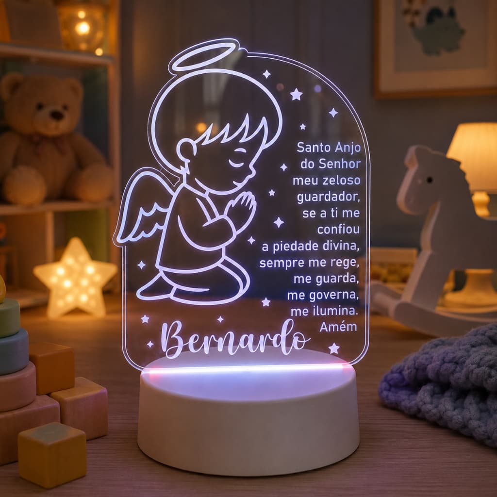 Luminária Oração Santo Anjo Personalizada nome Criança, Proteção Divina, Decoração, Bebê, Acrílico, Batizado, Presente
