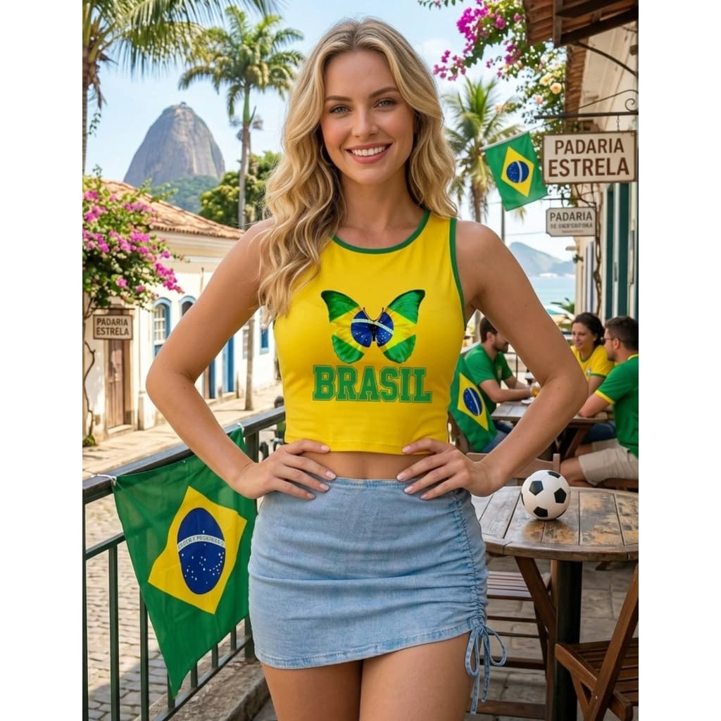 Camisa Personalizada Do Brasil Feminina Copa Cropped Brasil Regatinha Verde Amarela