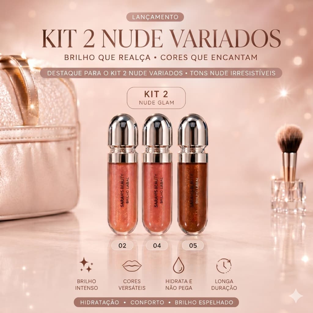 Sarah's Beauty Combo 3 Unidades Gloss Labial Brilho Intenso Nude Variados Cores 02 04 e 05 Envio Rápido Promoção