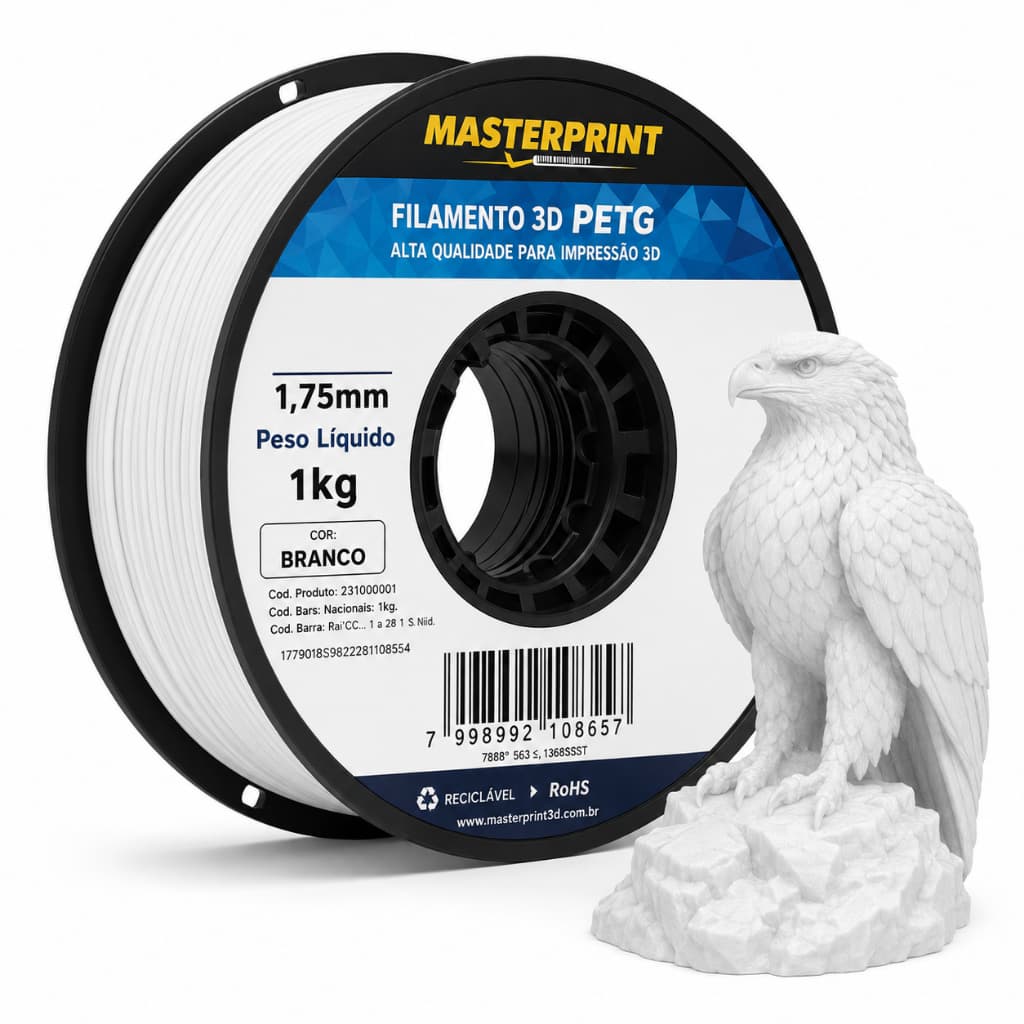 Filamento PETG Branco Fosco 1kg 1.75mm MasterPrint Impressão 3D Peças Resistentes Alta Qualidade Impressora 3D