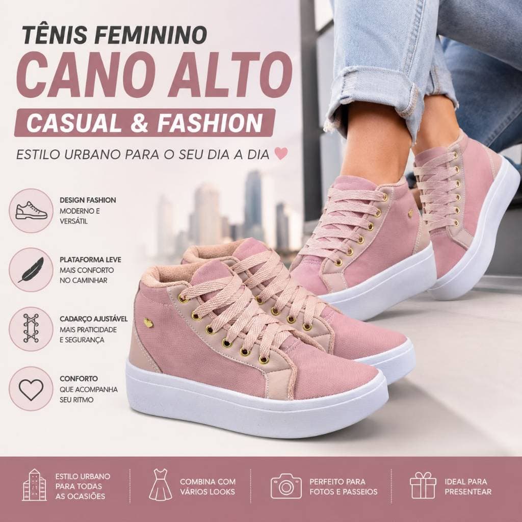 Tênis Botinha Feminino Cano Alto Casual Dia a Dia Fashion Plataforma Leve Cadarço Estilo Urbano