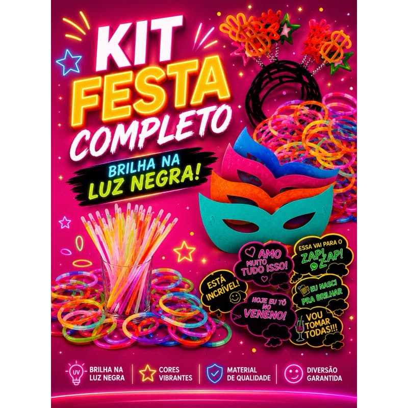 Kit Balada 150 itens Adereços Festa Neon Pulseira Mascara Tiara Plaquinha Divertidas Aniversario Brilho